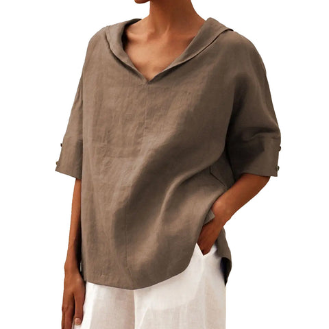 Einfarbiges, lockeres T-Shirt aus Baumwolle und Leinen für Damen mit Kapuze m301294 