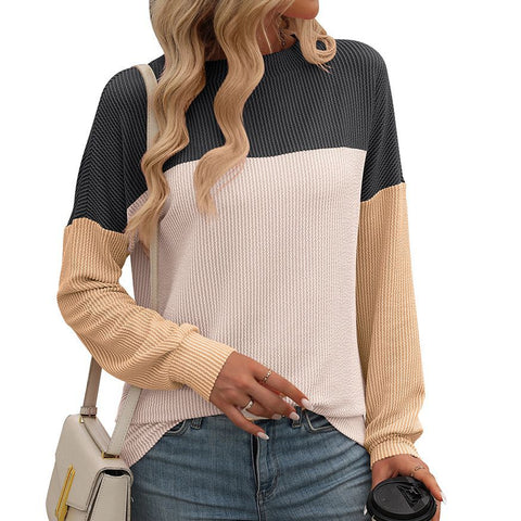 Neues Rundhals-Twist-Streifen-Farben-Matching-Langarm-loses T-Shirt für Damen m300963 