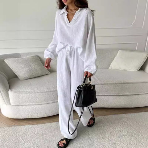 Elegante frauen casual lose anzug frauen lange-ärmeln top + kordelzug hosen anzug herbst revers zwei-stück set m301184 