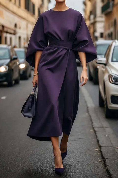 Mode Temperament elegante einfarbige Taille Kleid lässig Fledermaus Ärmel langes Kleid m301326 