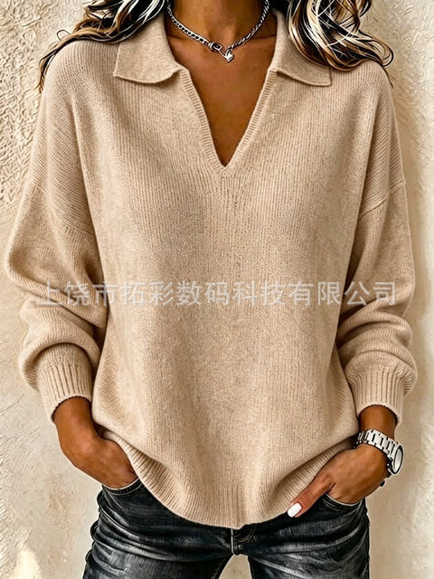 Digital Printed Women's Christmas Lapel Long Sleeve Solid Color Knitted Fleece Sweater FF303269