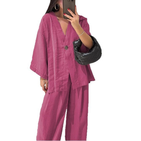 Fashion casual suit V-neck one-button loose long-sleeved top high-waisted trousers two-piece set m301966