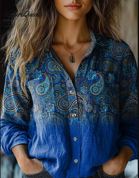 Printed long-sleeved shirt imitation cotton and linen shirt spring and summer cardigan FF303383