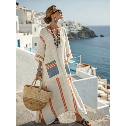 Holiday long striped embroidered dress m302762