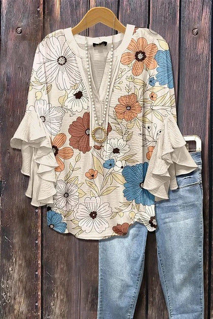 Digital printing casual trend V-neck lotus edge T-shirt women's m302725-1
