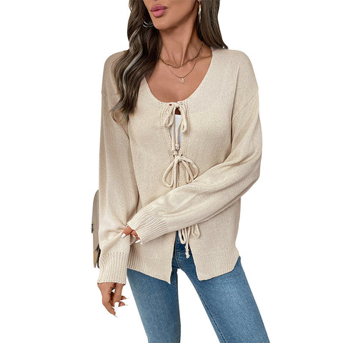 Lässiger, lockerer und vielseitiger Strickpullover mit Schnürung, einfarbiger Pullover m300793 