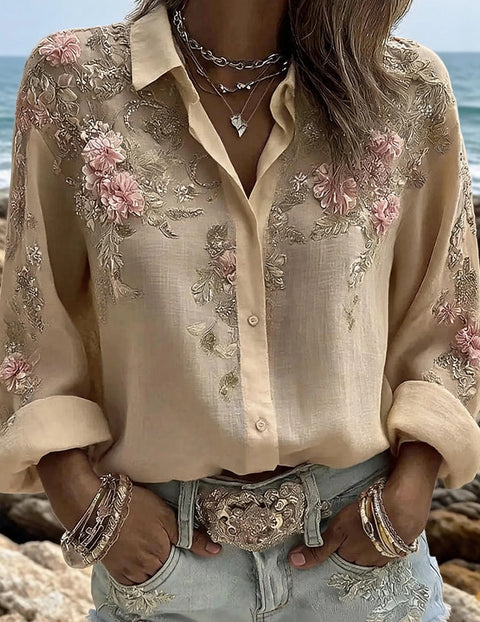 Flower lapel long-sleeved button-down women's shirt m303076
