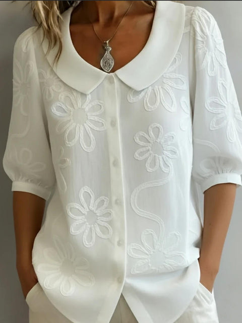 Loose Casual Vintage Button Embroidered Floral Medium Sleeve Shirt m302432