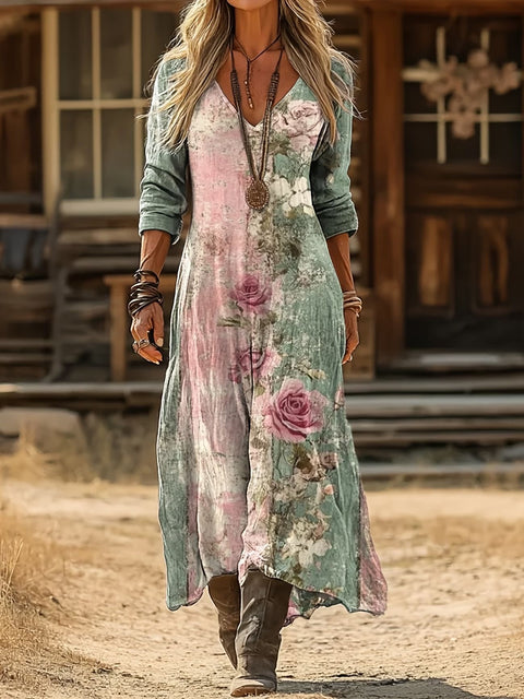 Creative tie-dye 3D printing women's new V-neck long-sleeved dress medium and long dress m302799