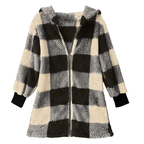 Long Sleeve Plaid Hooded Zipper Pocket Loose Jacket m302168