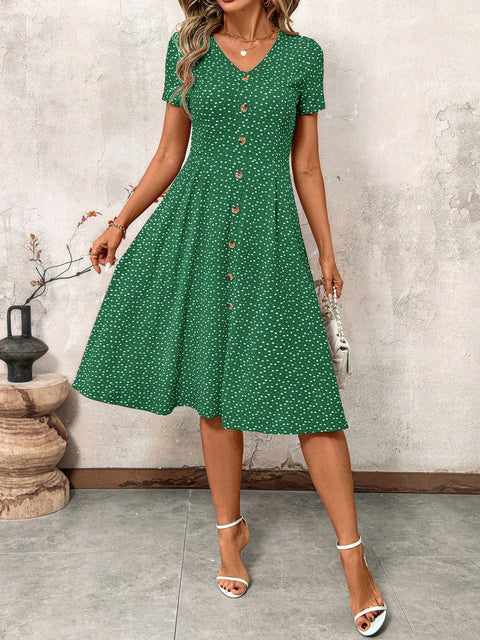 Fashion polka dot women's dress sexy V-neck breasted short sleeve polka dot m301727
