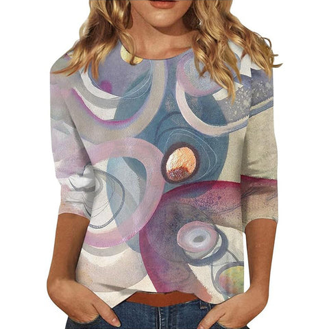 Pull ras du cou à manches sept-quarts et imprimé 3D de fleurs et de plantes m300615 