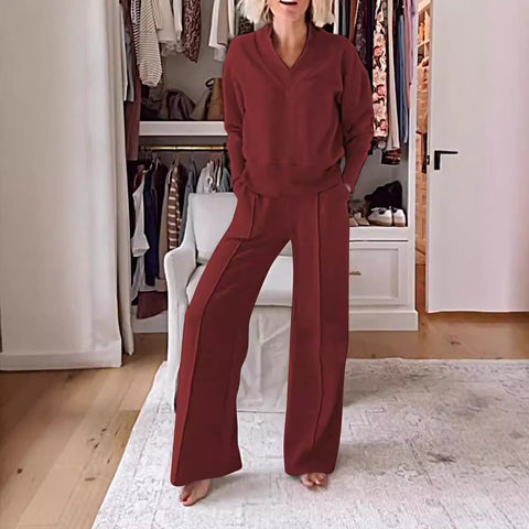 Ensemble deux pièces haut ample à manches longues et col en V et pantalon large m301327 