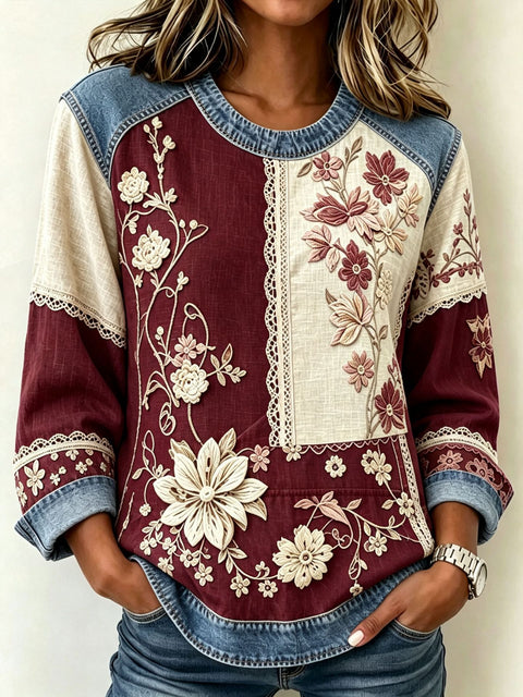 Floral Element Crew Neck Shoulder Splicing Denim Sweater FF303272