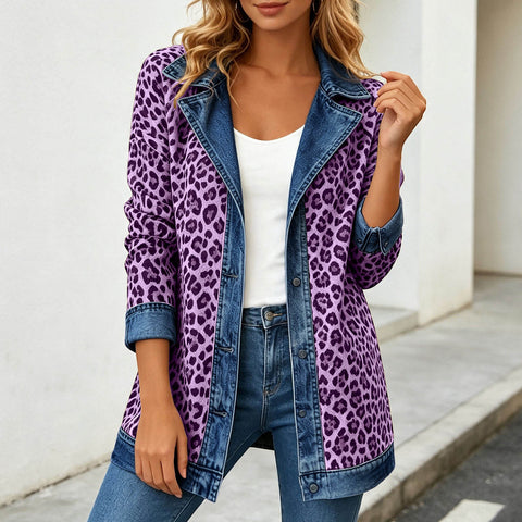 Leopard print denim jacket women's long-sleeved casual cardigan autumn loose jacket FF303339