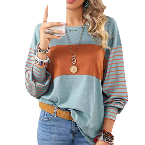 Pull col rond décontracté rayé contrastant à manches longues pour femme m300875 
