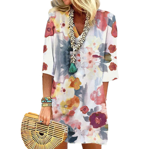 Kleid mit mittellangen Ärmeln und Taschen im Aquarell- und Blumenmuster, m300739 