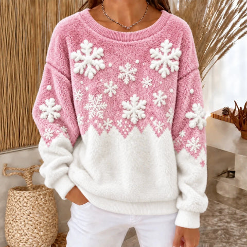 Snowflake print crew neck long-sleeved casual pullover flannel sweater FF303422