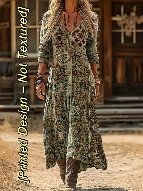 Creative tie-dye 3D printing women's new V-neck long-sleeved dress medium and long dress m302799