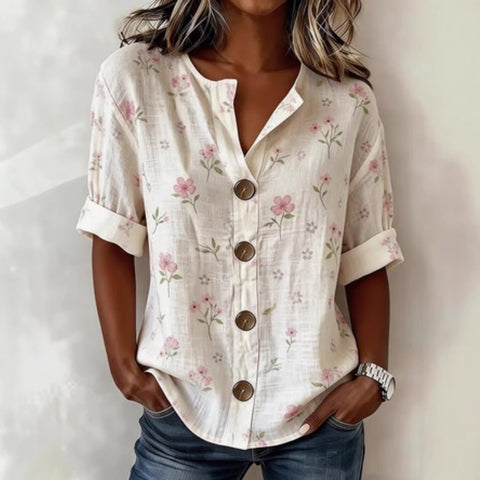 V-Neck Shirt Medium Sleeve Flower Print Button Casual Ladies Shirt m302697