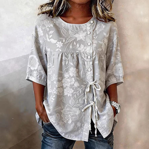 Ladies casual digital print lace-up shirt m302711