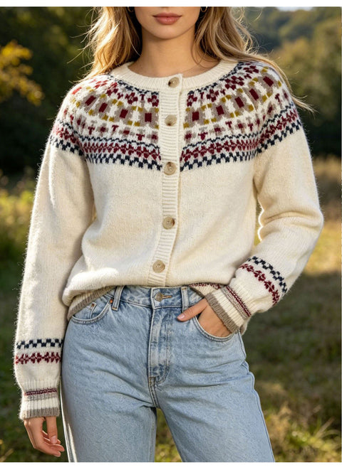 Fair Island jacquard knitted cardigan women's autumn and winter new crew neck retro sweater jacket loose versatile top FF303502