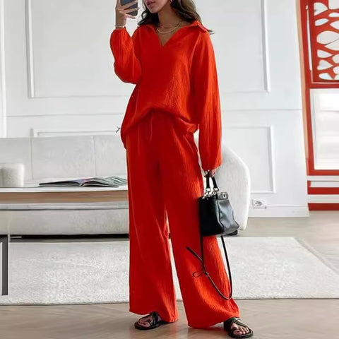 Elegante frauen casual lose anzug frauen lange-ärmeln top + kordelzug hosen anzug herbst revers zwei-stück set m301184 