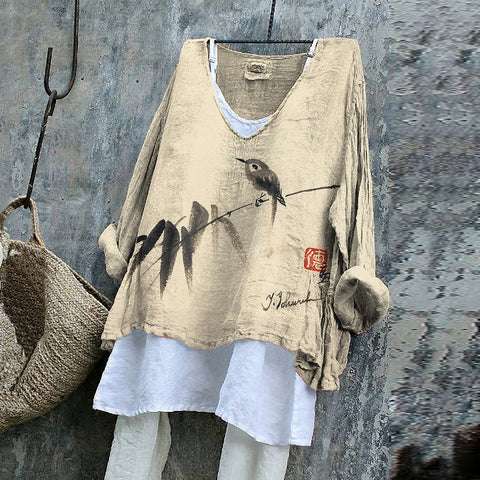 Langarm bedruckter Freizeitpullover lockerer Rundhalsausschnitt einteiliges T-Shirt (ohne Unterhemd) m301042