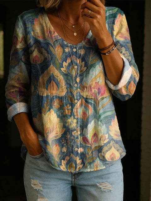 Crew Neck Women's Floral 3D Printed Henley Shirt FF303180