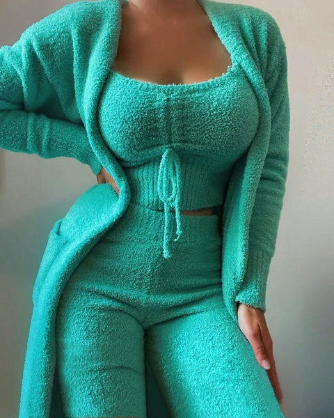 Plush three-piece lace-up pajamas set casual set loungewear m301066