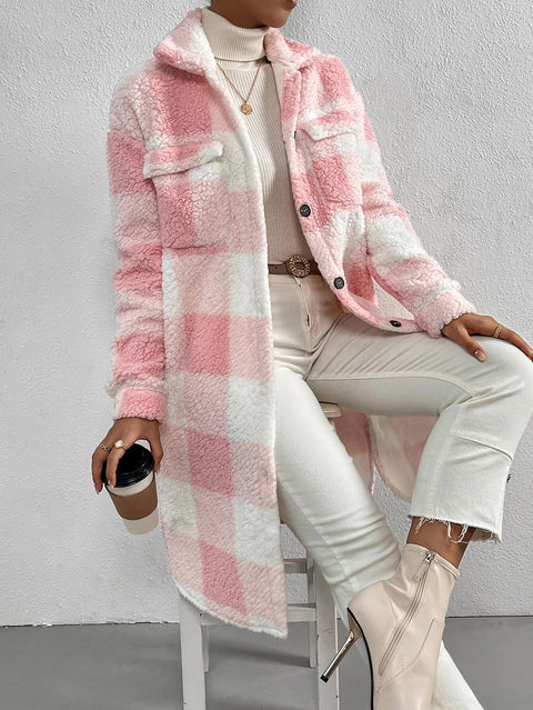Offene Revers-Plüsch-Karojacke mit lockerem Temperament, Pendler-Langmantel für Damen m300360 
