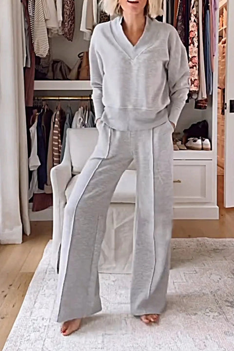 Ensemble deux pièces haut ample à manches longues et col en V et pantalon large m301327 