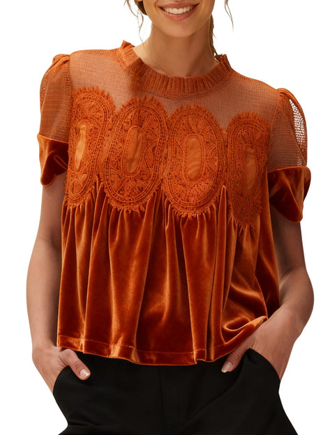 Mesh embroidered lace round neck pullover solid color velvet loose top m302350