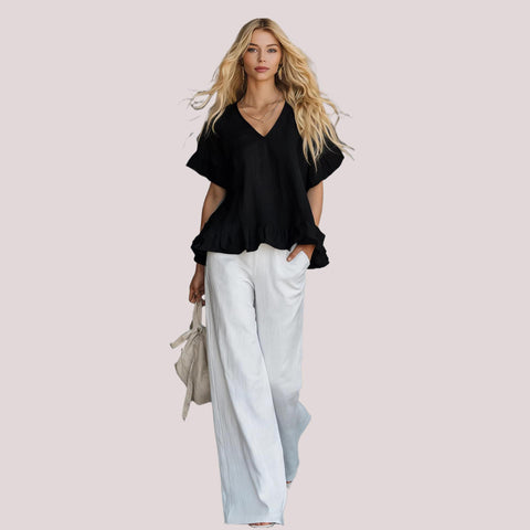 V-neck shirt with ruffle edge Fashion casual short-sleeved top FF303331