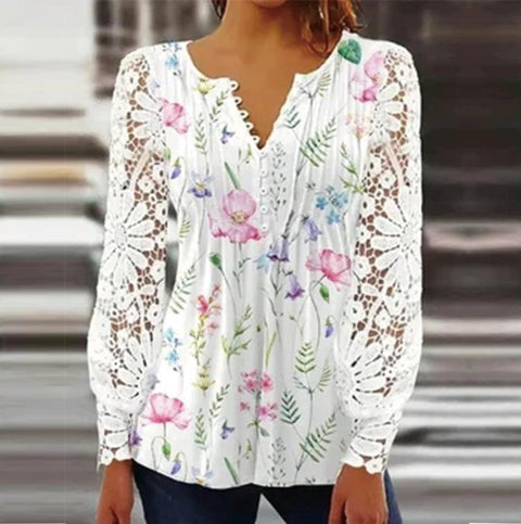 Lace Sleeve Pleated Solid Color Button T-Shirt Bottom Shirt m301333