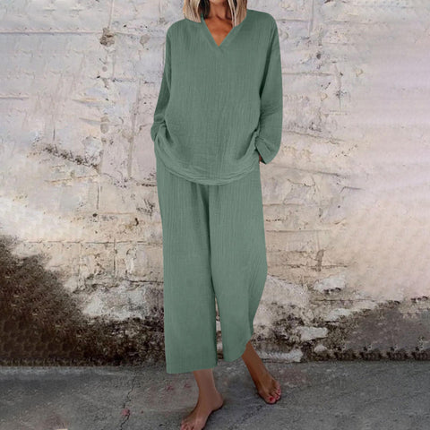 Lässiger Pullover mit V-Ausschnitt, lange Ärmel und Hosen mit Tasche, mehrfarbiger Baumwollanzug für Damen m301441 