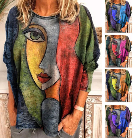 T-shirt ample à manches longues pour femme, imprimé visage, grande taille, m300665 