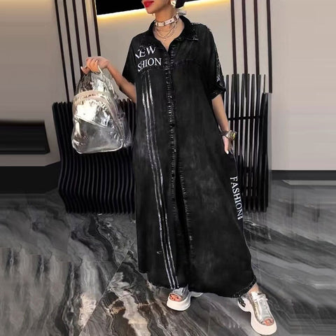 Women's casual dress letter print lapel cardigan long dress m302307