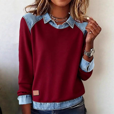 Denim collar long sleeves pullover spliced knitted sweater top m302161