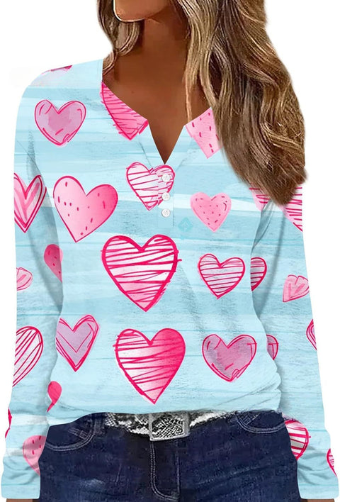 T-shirt imprimé col V à manches longues et trois boutons m300618 