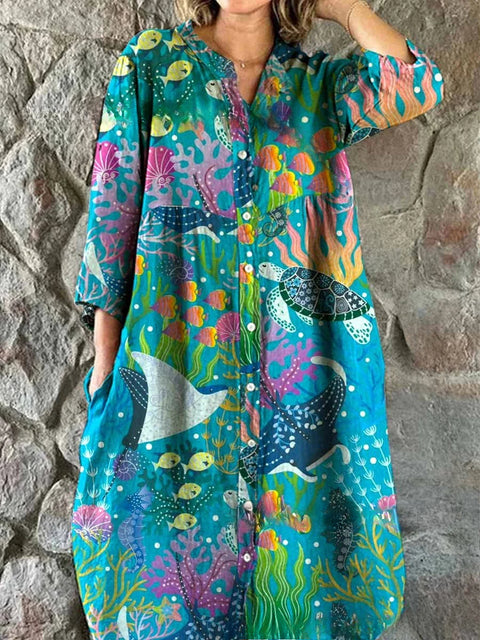 Women's Loose Crew Neck Fashion Premium Long Sleeve Printed Shirt Dress m301050