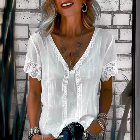Solid color casual lace V-neck loose shirt m301715