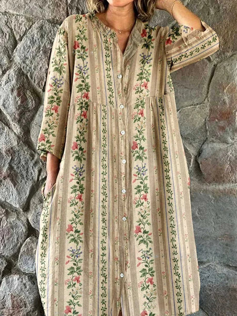 Women's Loose Crew Neck Fashion Premium Long Sleeve Printed Shirt Dress m301050