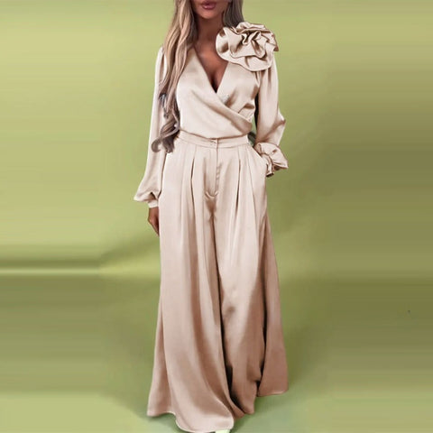 Women's Luxury Elegant V-Neck Satin Long Sleeve Top Wide Leg Pants Set m302297
