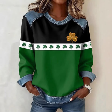 Striped Element Crew Neck Shoulder Splicing Denim Sweater m302391