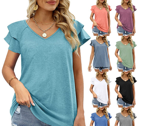 Solid V-neck double layered ruffle edge sleeve loose top with m300112