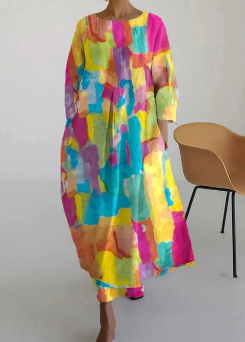 Women's loose crew neck fashion high-end long-sleeved printed dress m301049