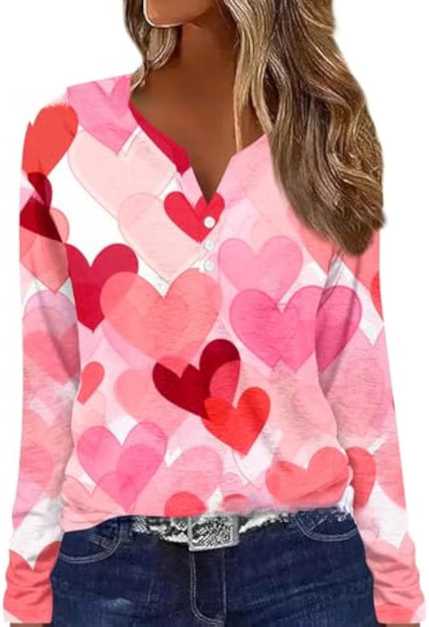 T-shirt imprimé col V à manches longues et trois boutons m300618 