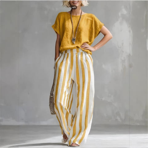 Comfort Classic Striped Cotton and Linen Two-piece Set m302715