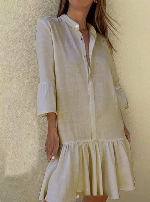 Frühlings- und Sommerkleid aus reiner Baumwolle und Leinen mit Stehkragen und einfarbigem Rüschensaum, m300724 